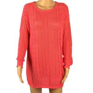Chico's Pullover Summer Sweater Open Stitch Coral Pink Shimmer Cable Knit, Sz‎ 1